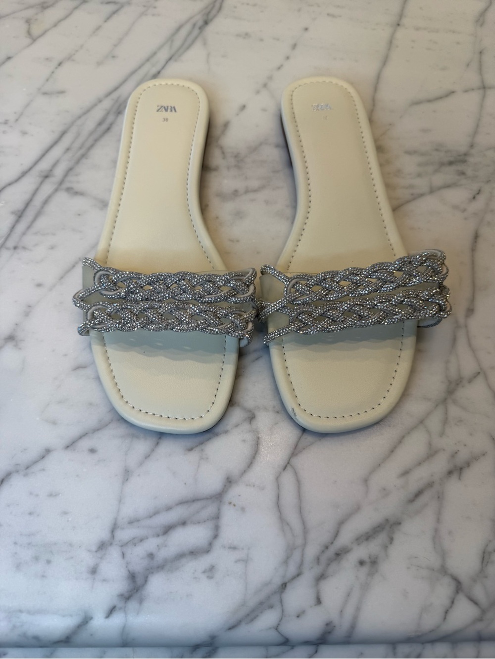 Zara White Slide Sandals with Silver Braided Straps